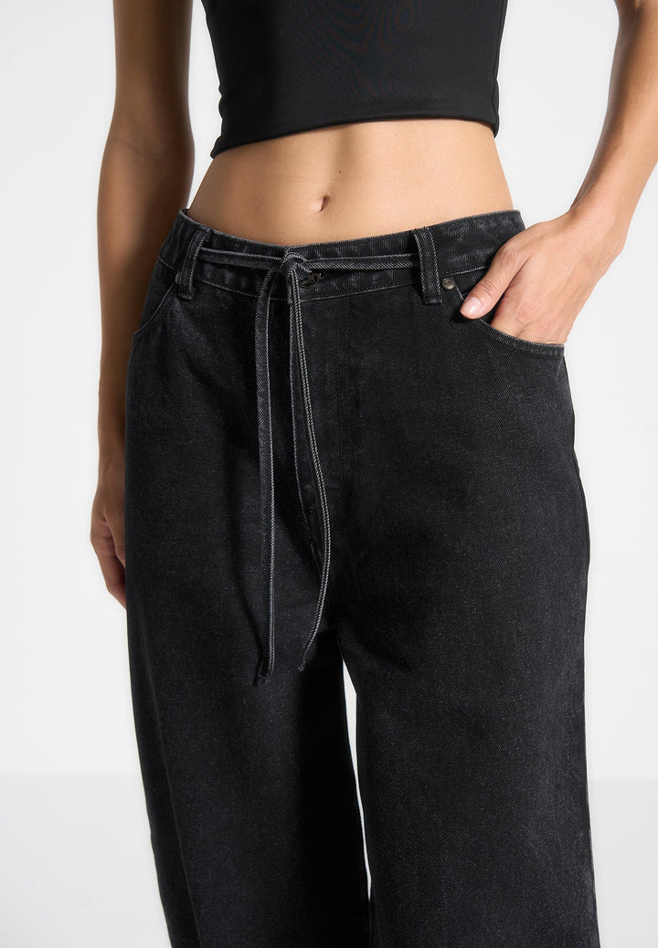 Faye - Wide Mid Rise Jeans with Tie Waist - Washed Black