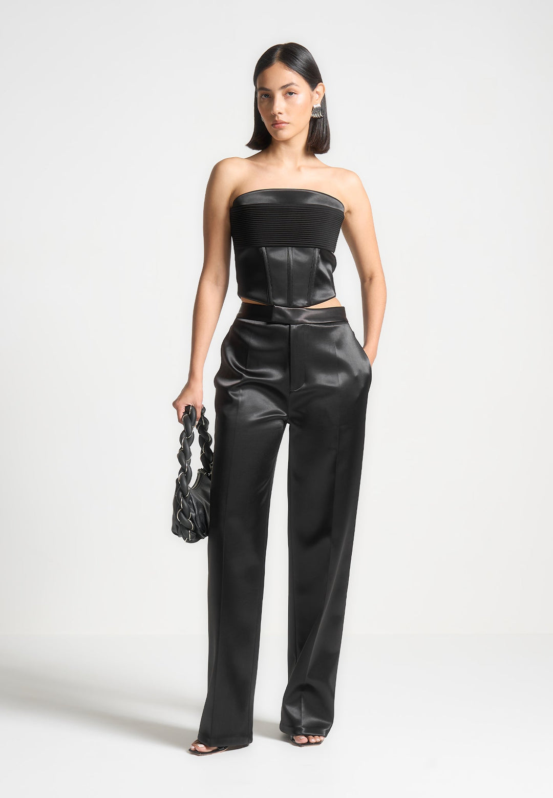 Cora - Satin Pintuck Bandeau Corset Top - Black