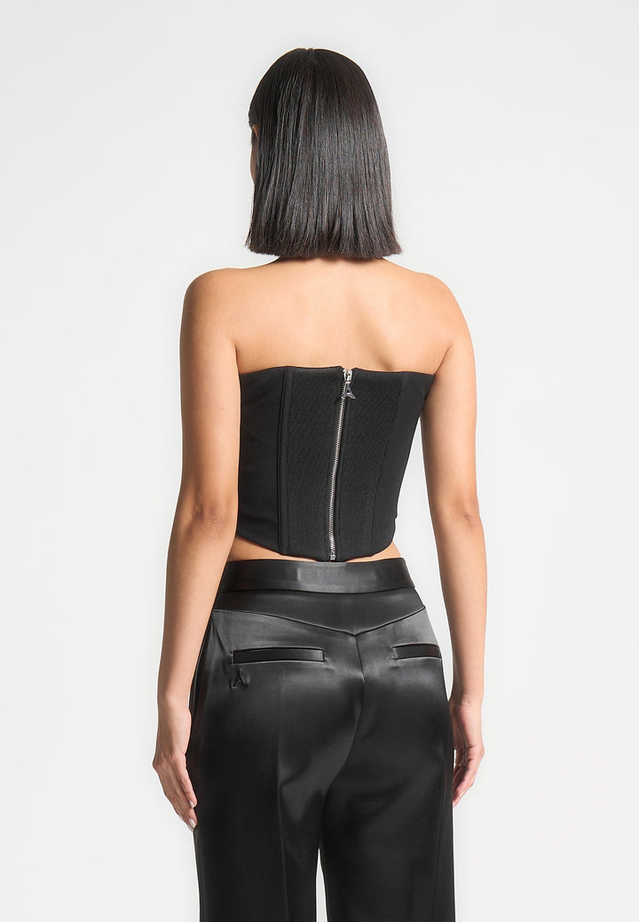 Cora - Satin Pintuck Bandeau Corset Top - Black