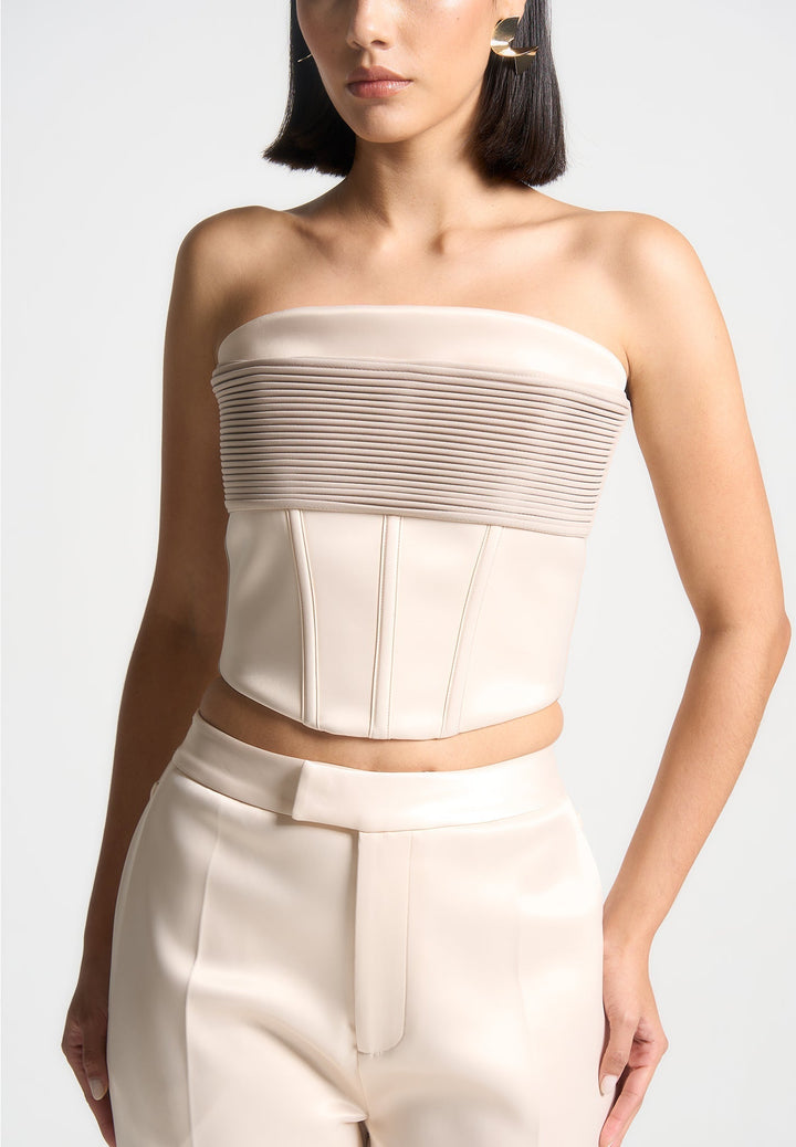 Cora - Satin Pintuck Bandeau Corset Top - Champagne