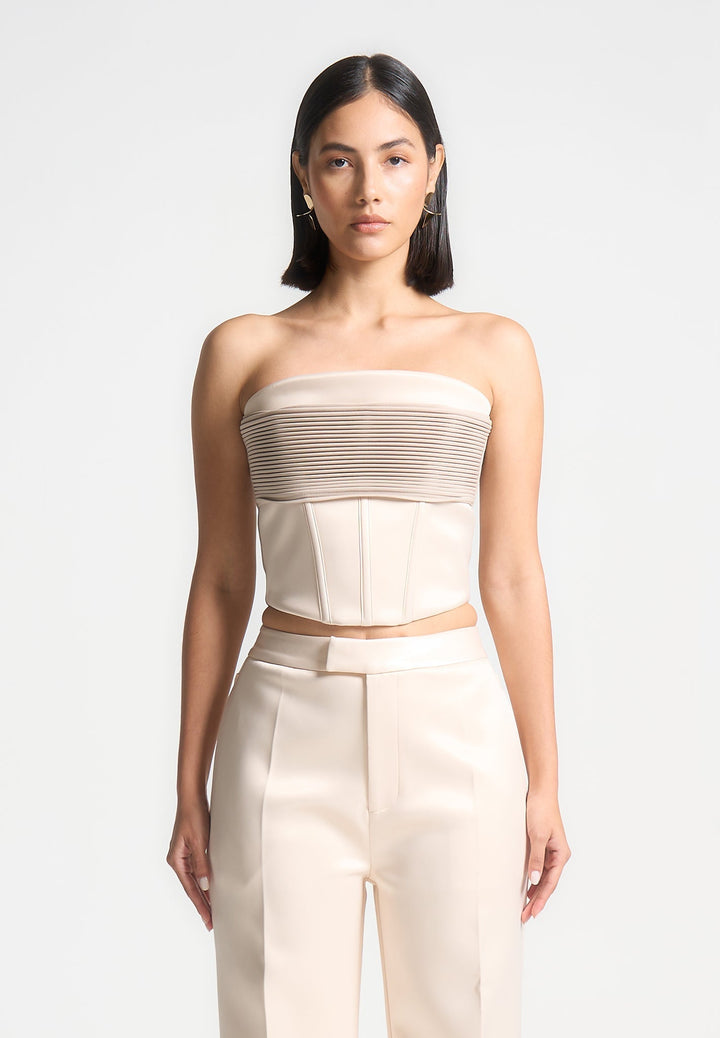 Cora - Satin Pintuck Bandeau Corset Top - Champagne