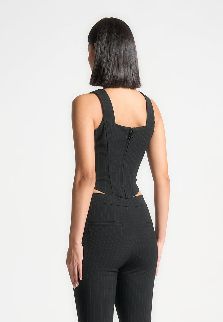 Square Neck Pinstripe Corset Top - Black