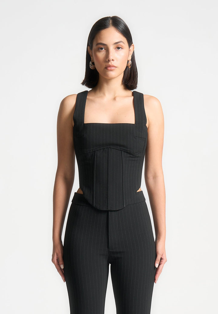Square Neck Pinstripe Corset Top - Black
