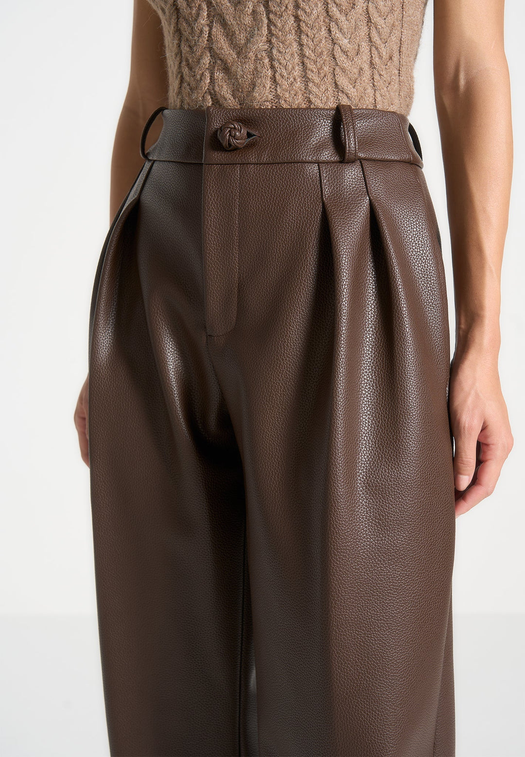 Olivia - Pebbled Leather Pleated Stacked Trousers - Brown