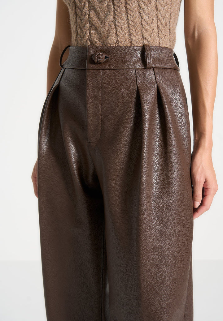 Olivia - Pebbled Leather Pleated Stacked Trousers - Brown