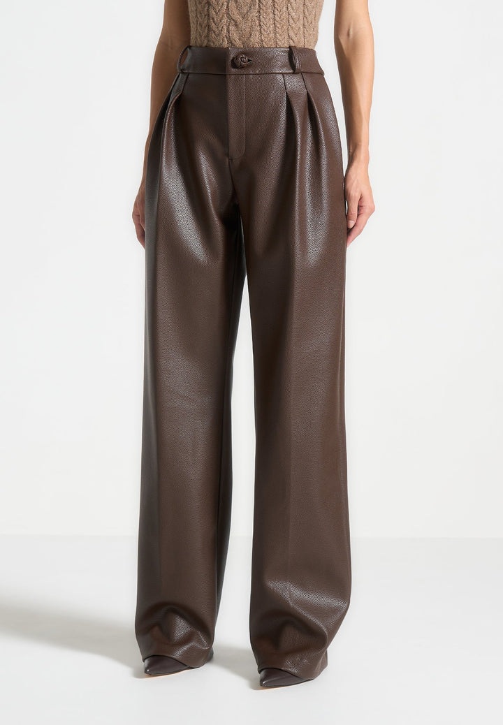 Olivia - Pebbled Leather Pleated Stacked Trousers - Brown