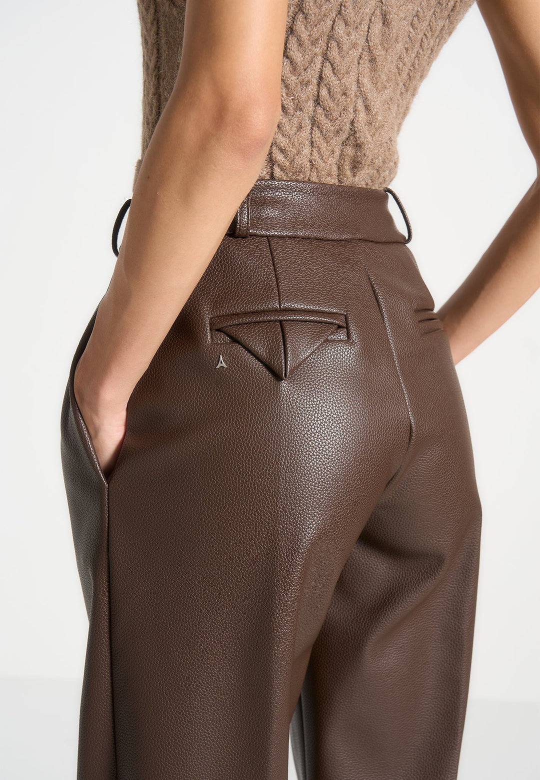 Olivia - Pebbled Leather Pleated Stacked Trousers - Brown