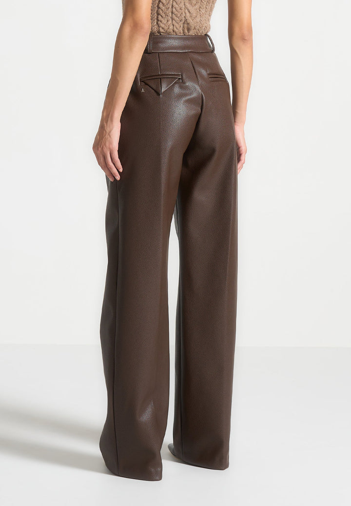 Olivia - Pebbled Leather Pleated Stacked Trousers - Brown
