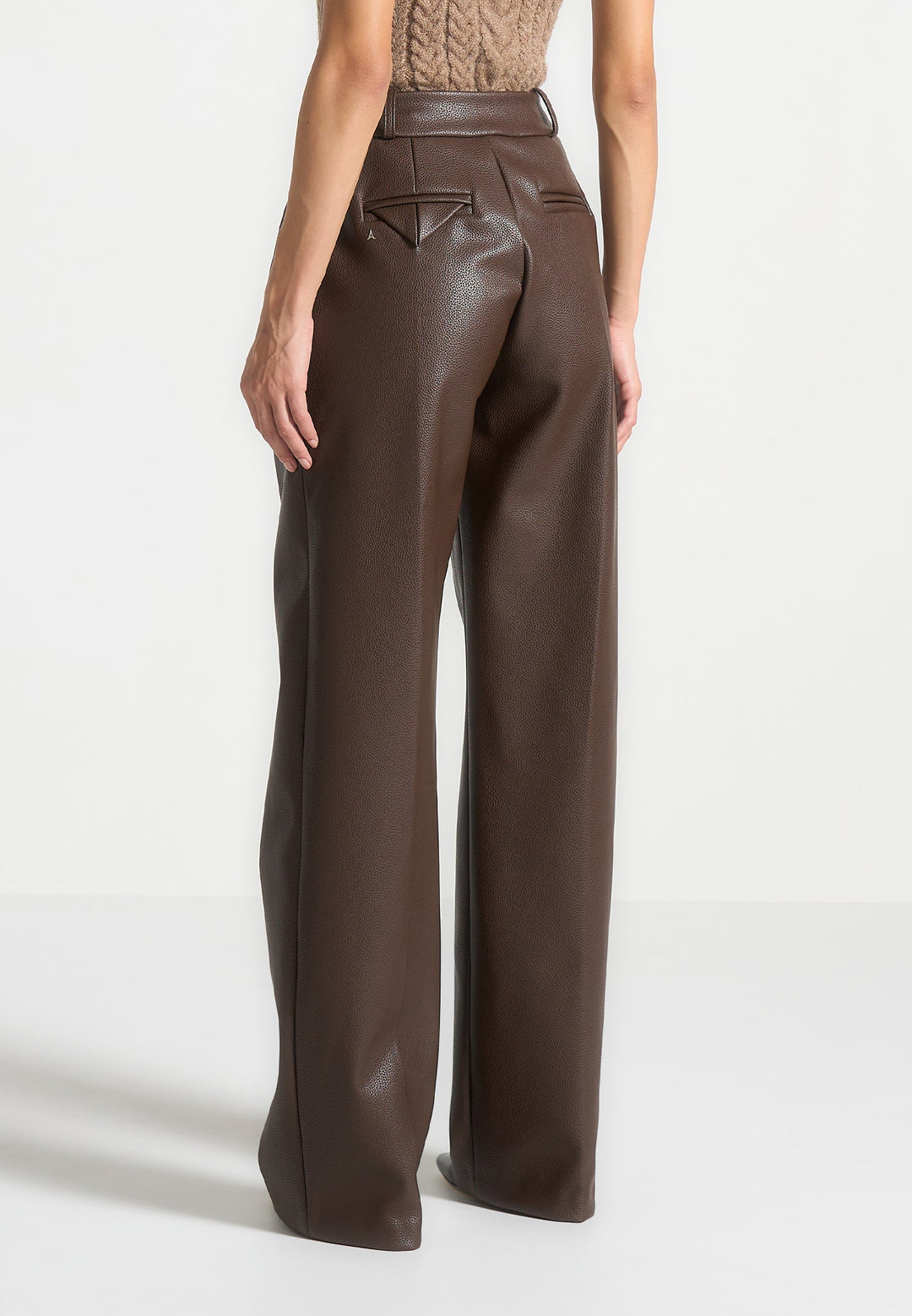 Olivia - Pebbled Leather Pleated Stacked Trousers - Brown
