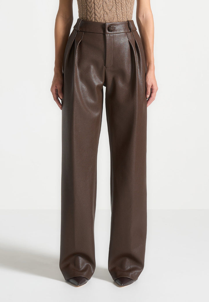 Olivia - Pebbled Leather Pleated Stacked Trousers - Brown