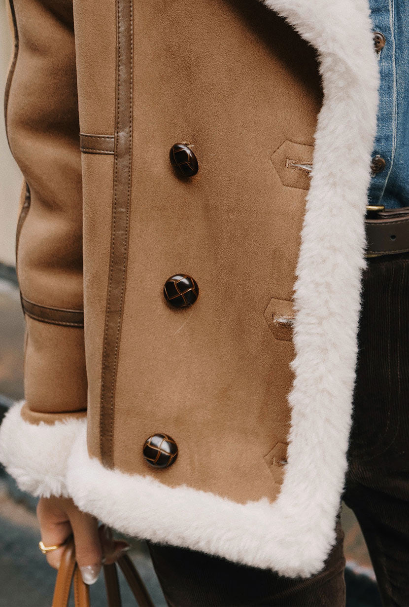Callen Suede and Fur Faux Shearling Coat - Tawny
