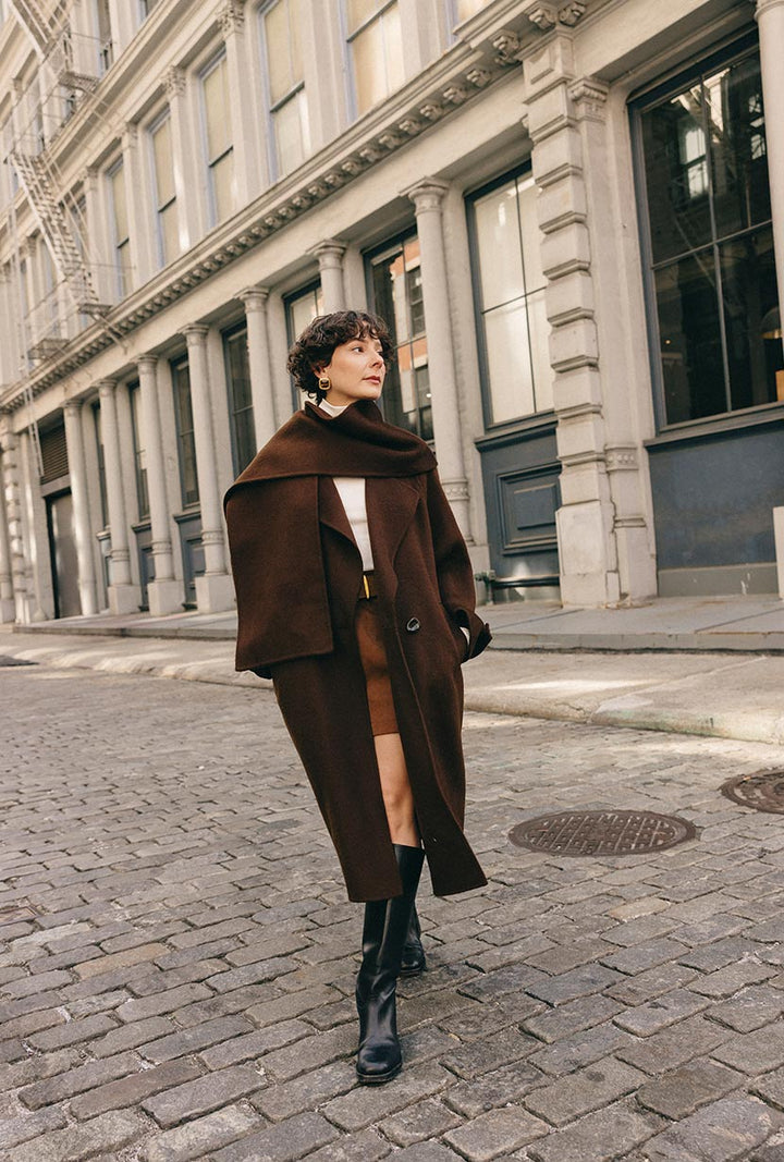 Carina Wool &amp; Silk Scarf Coat - Chocolate