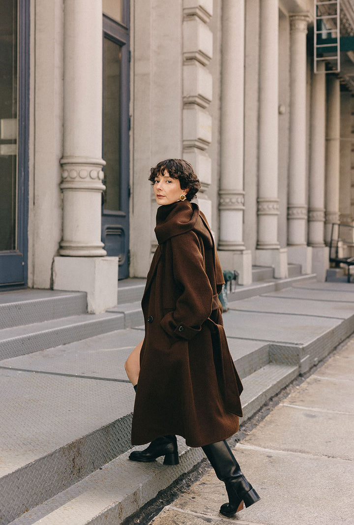 Carina Wool &amp; Silk Scarf Coat - Chocolate