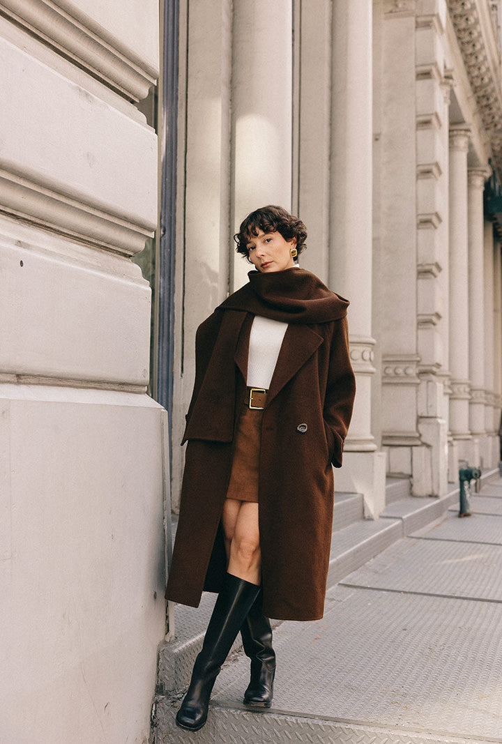 Carina Wool &amp; Silk Scarf Coat - Chocolate