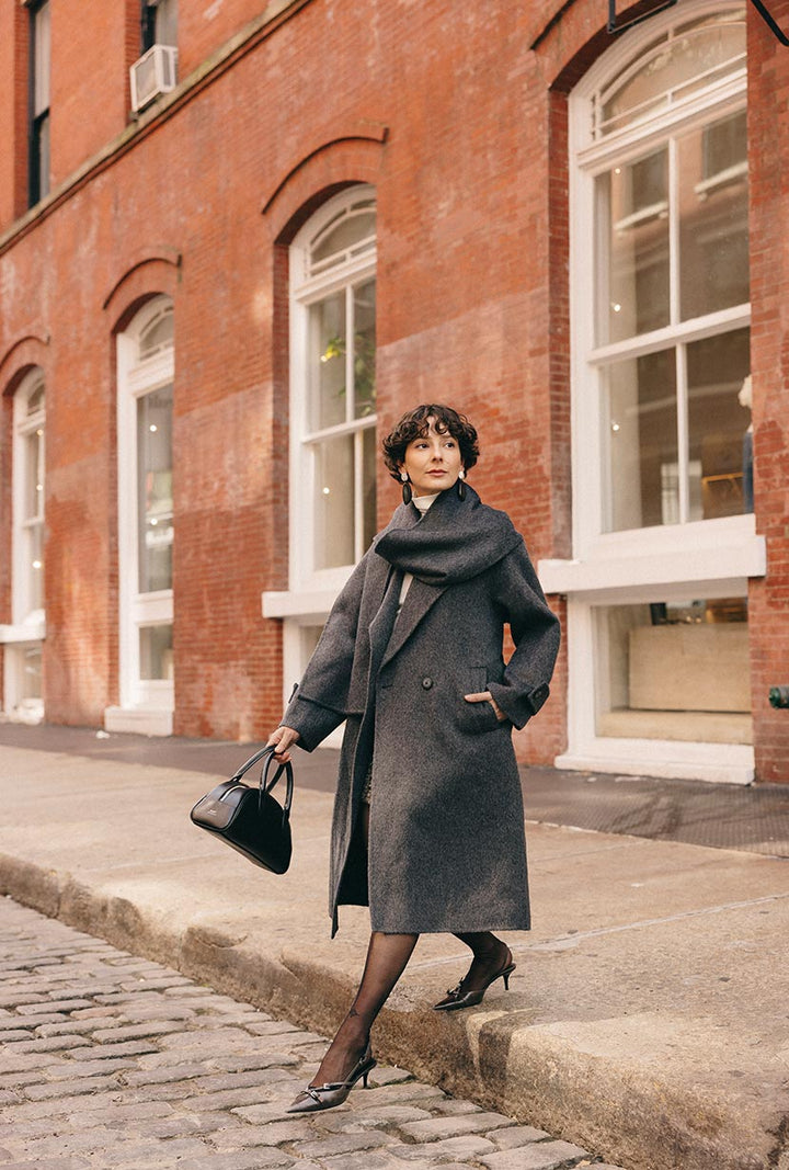 Carina Wool &amp; Silk Scarf Coat - Charcoal