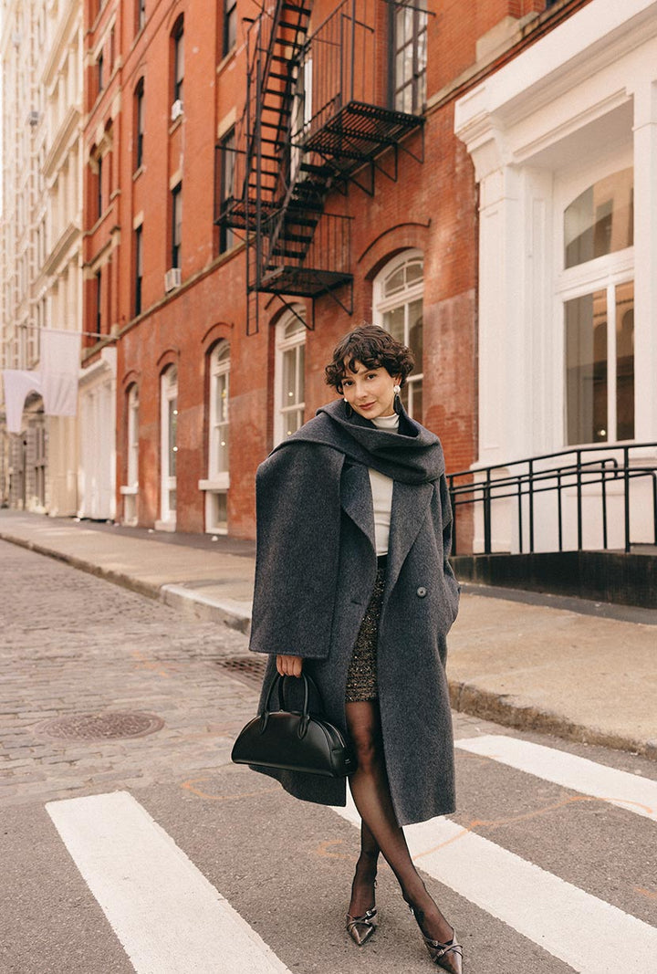Carina Wool &amp; Silk Scarf Coat - Charcoal