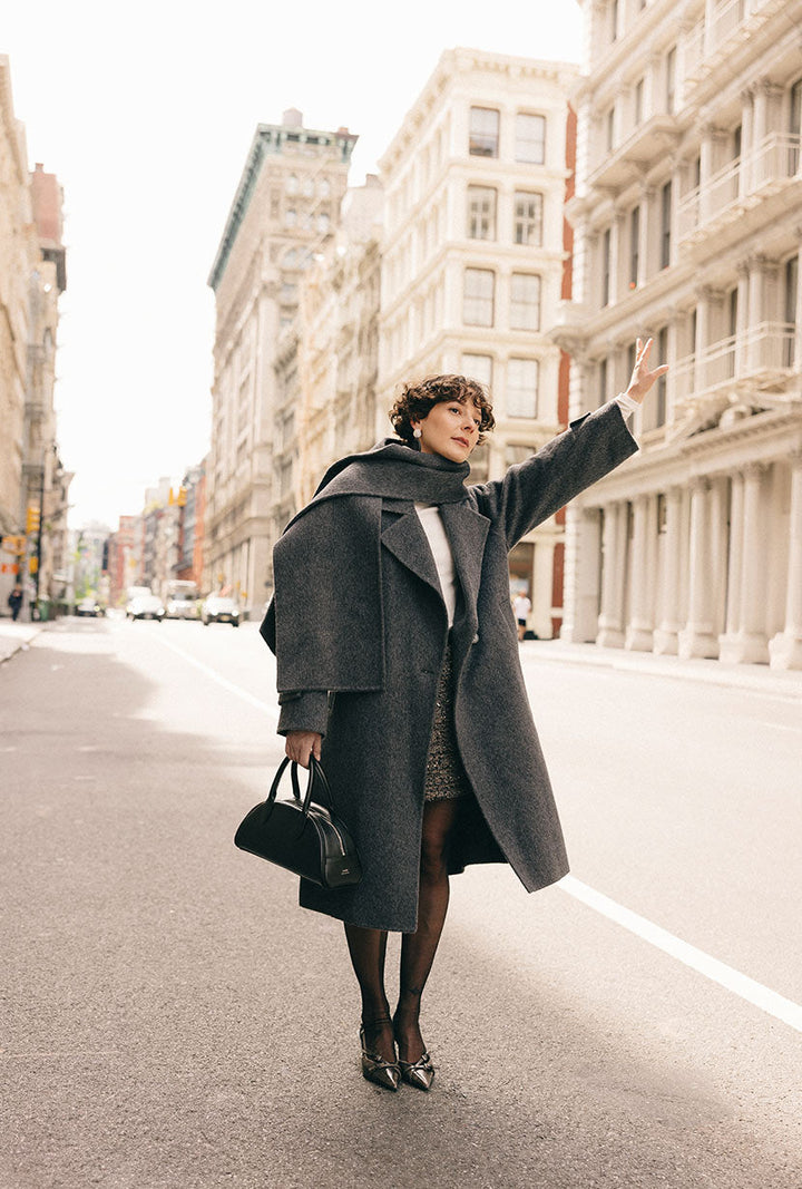 Carina Wool &amp; Silk Scarf Coat - Charcoal