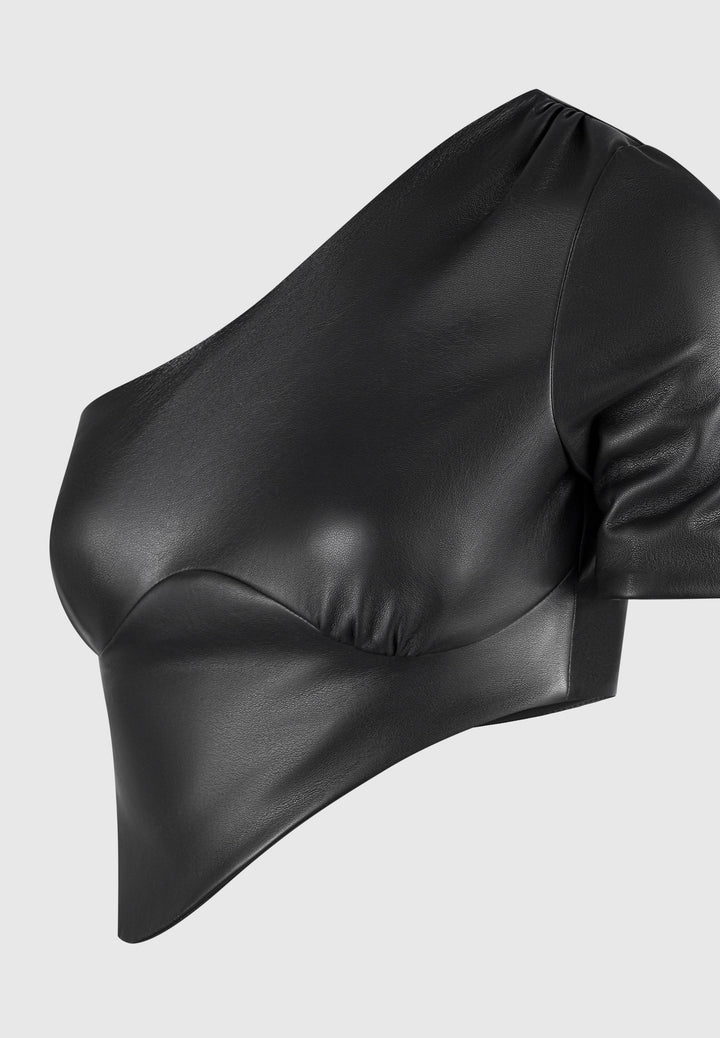 Curved Hem Leather Crop Top - Black
