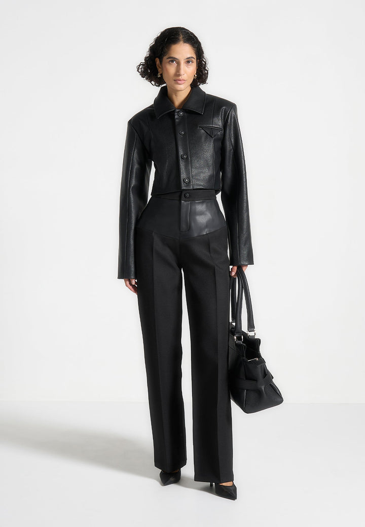 Ania - Wide Shoulder Pebbled Leather Jacket - Black