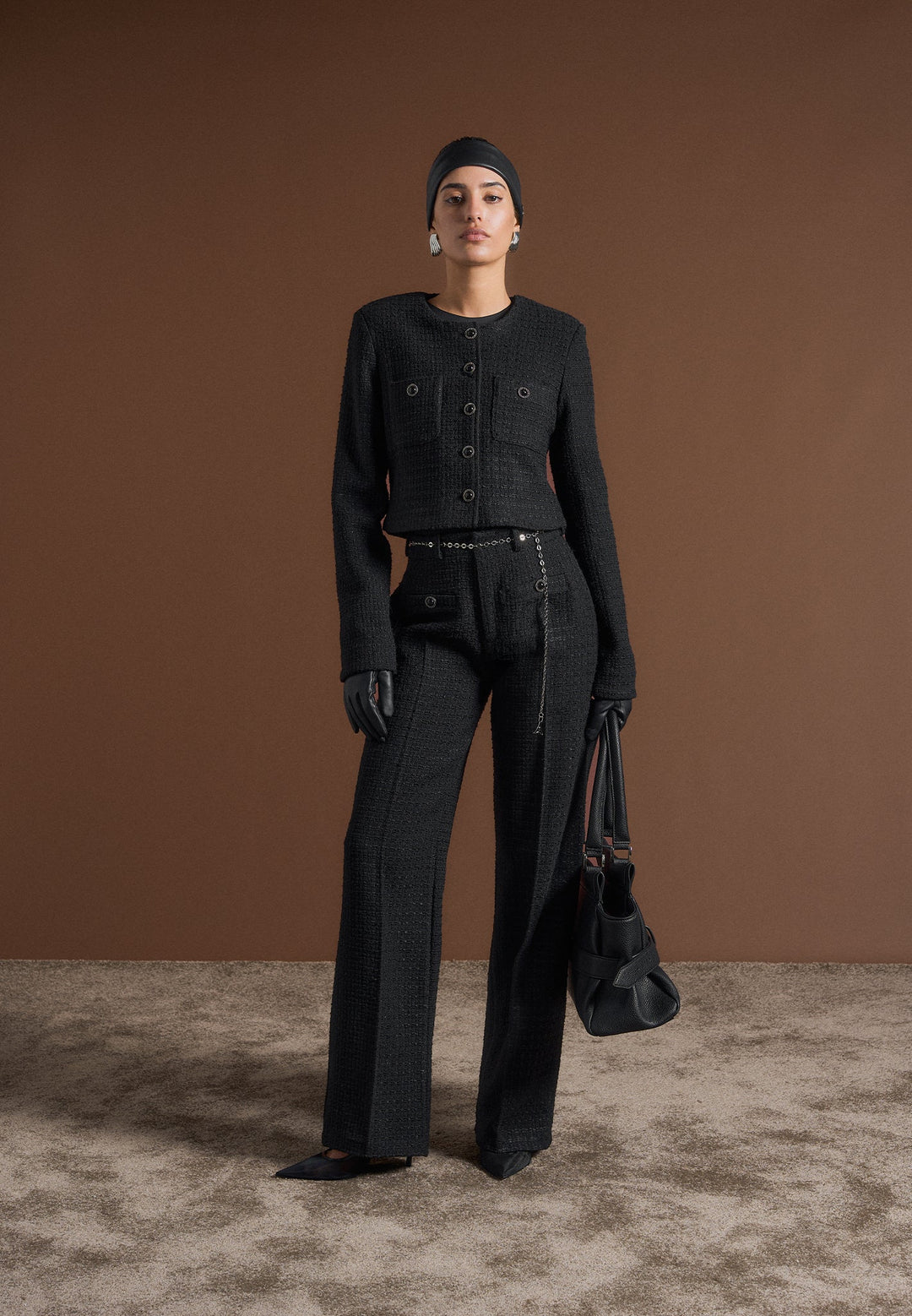 Celine - Cropped Tweed Jacket with Pearls - Black