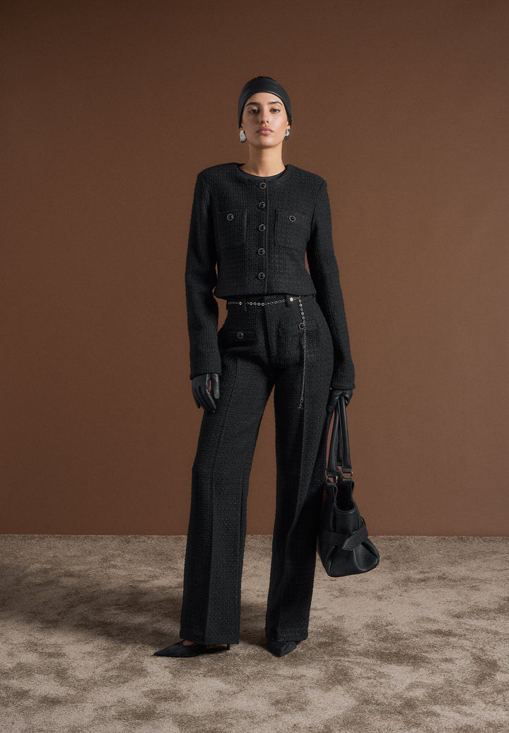 Celine - Cropped Tweed Jacket with Pearls - Black