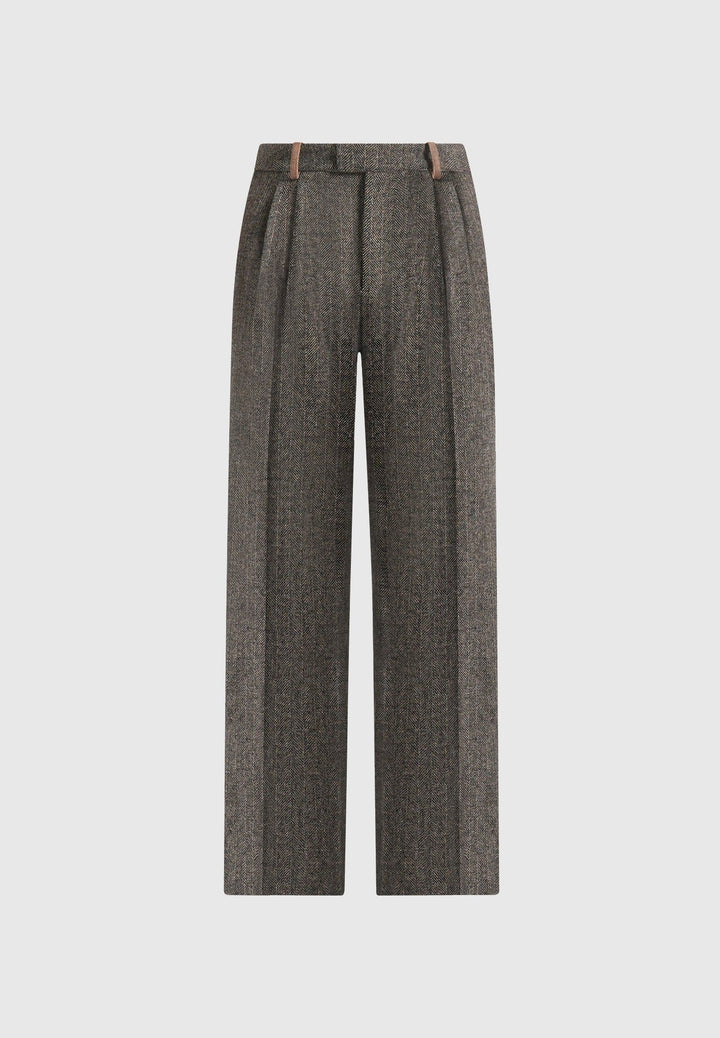 Julie - Herringbone Wool Twin Pleat Trousers - Grey