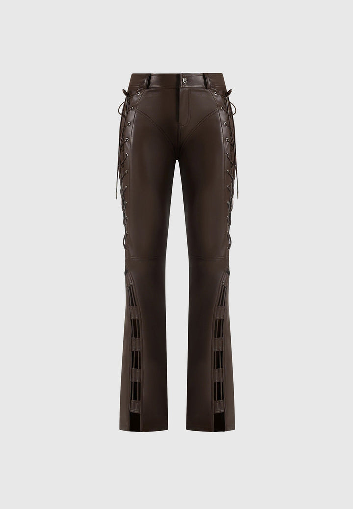 Ambre - Leather Lace Up Flared Trousers - Brown