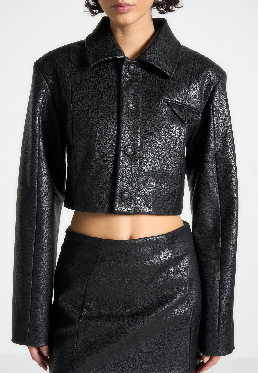 Ania - Wide Shoulder Pebbled Leather Jacket - Black