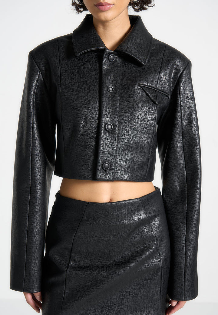 Ania - Wide Shoulder Pebbled Leather Jacket - Black