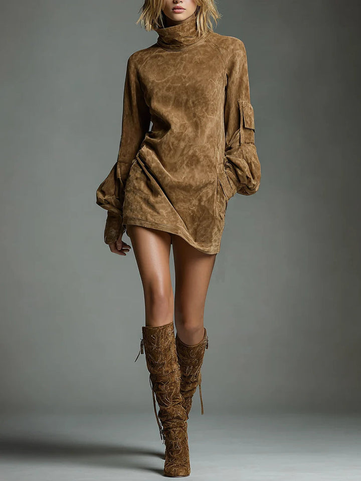 Romy | Vintage Mini Suede Dress with High Collar
