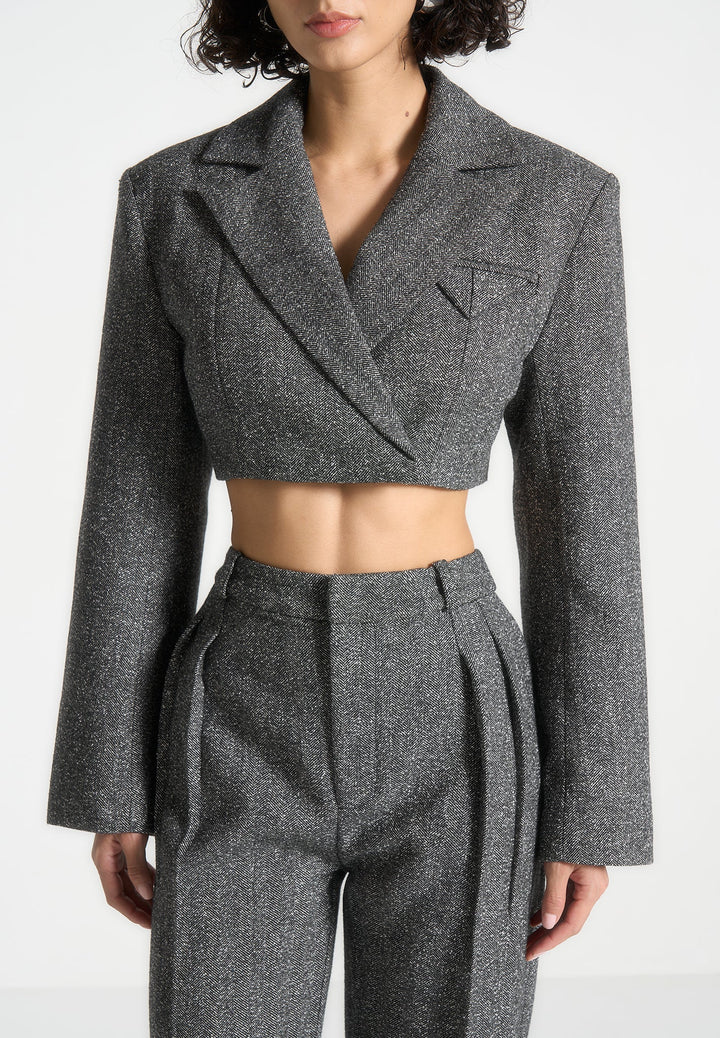 Tailored Wool Wide Shoulder Blazer - Grey