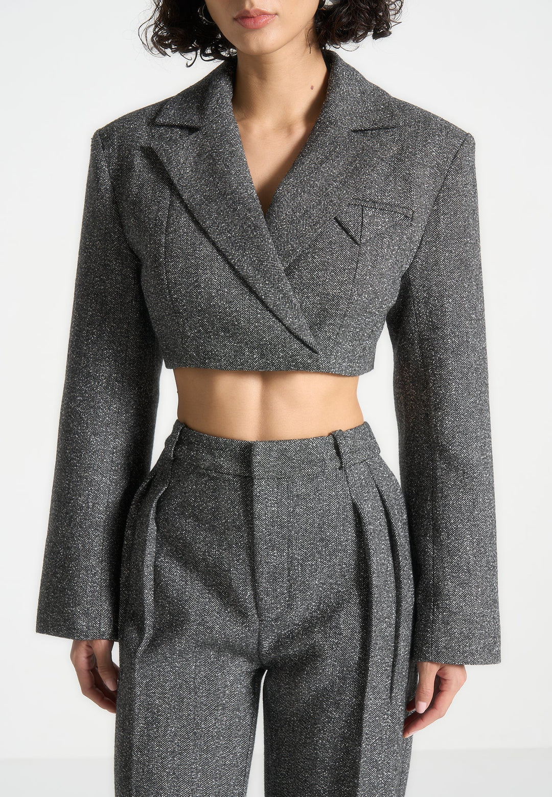 Tailored Wool Wide Shoulder Blazer - Grey