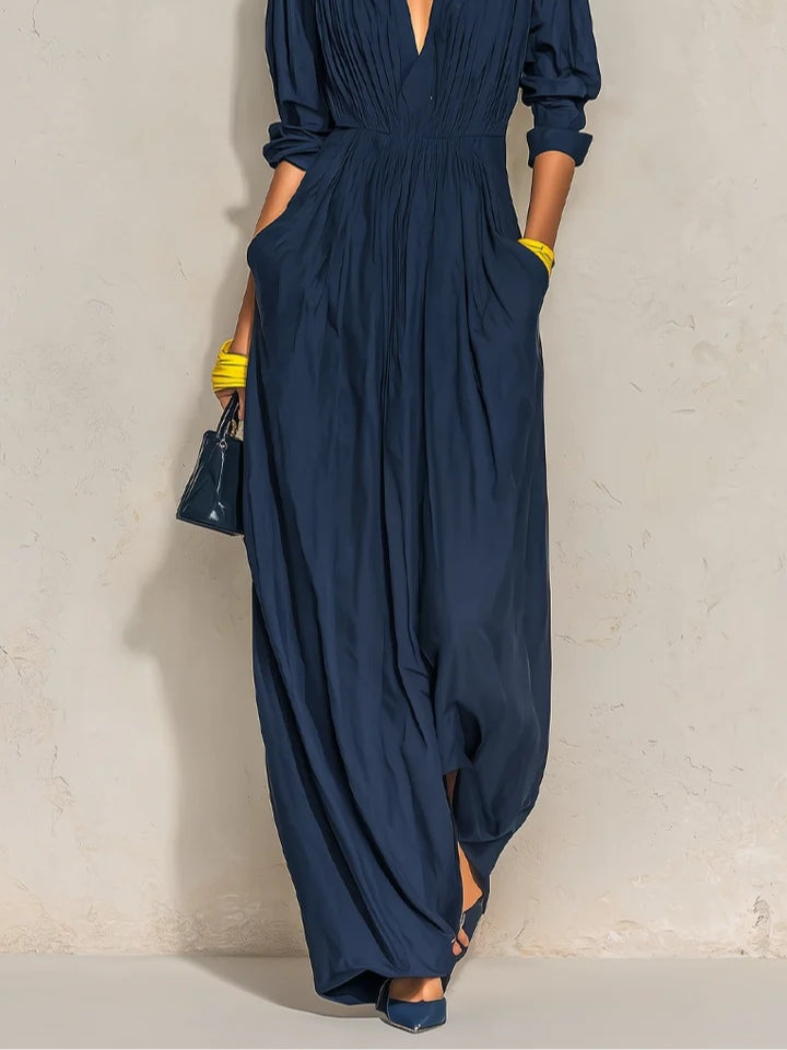 Nora | Navy Pleated V-Neck Maxi Dress