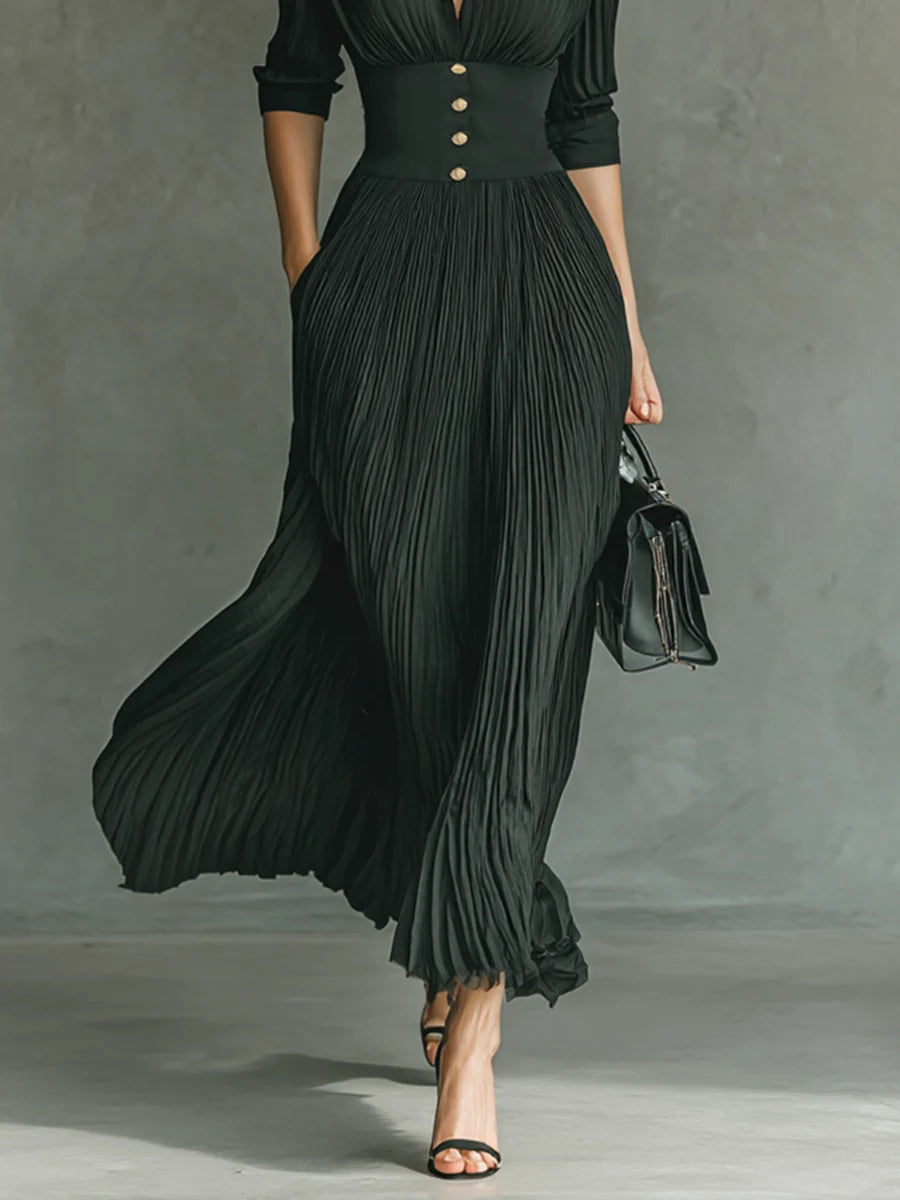 Evelyn | Pleated High-Waist Maxi Dress with Lapels