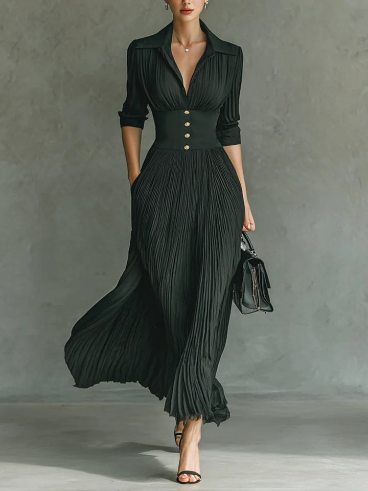 Evelyn | Pleated High-Waist Maxi Dress with Lapels