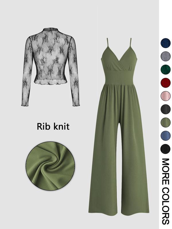 MARYAM™ - Solid Color Lace Tee &amp; Pocket Jumpsuit Set