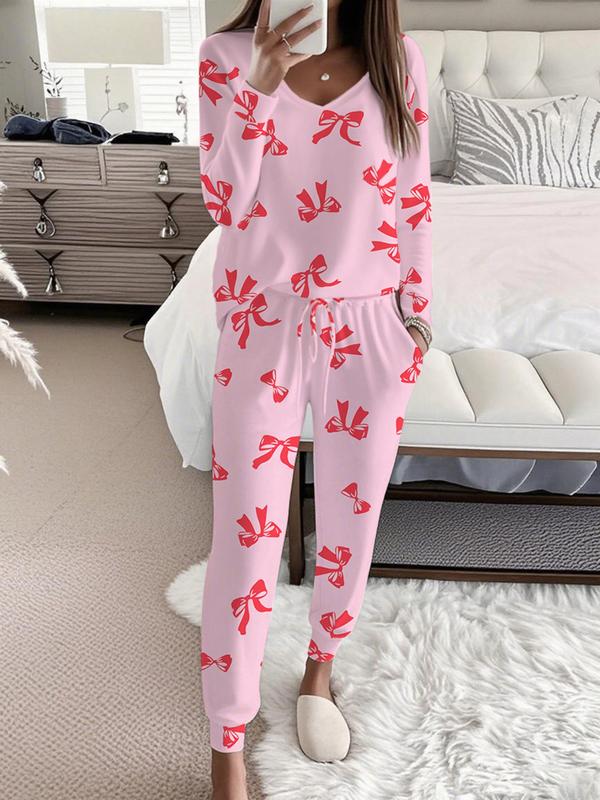 HALLIE™ - Bow Print V-Neck Long Sleeve Top &amp; Tie Waist Pants Set
