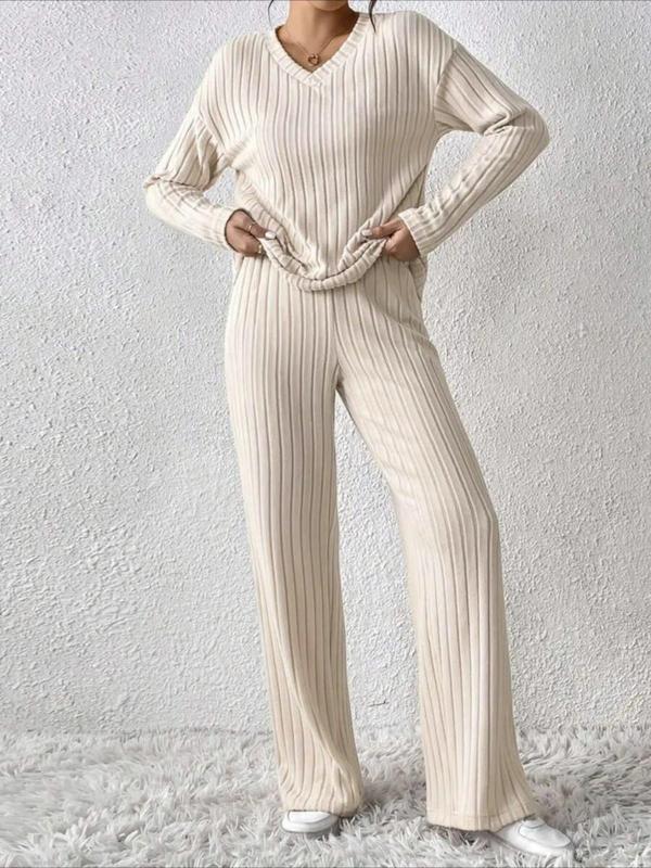 SUMMER™ - Casual V-Neck Long Sleeve Top &amp; Straight Leg Lounge Pants Set