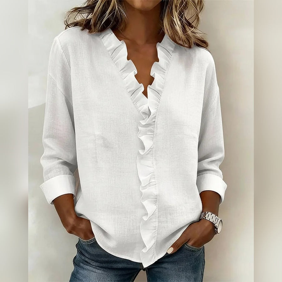 Susan | Blouse with Ruffles, V-Neck and Long Sleeves