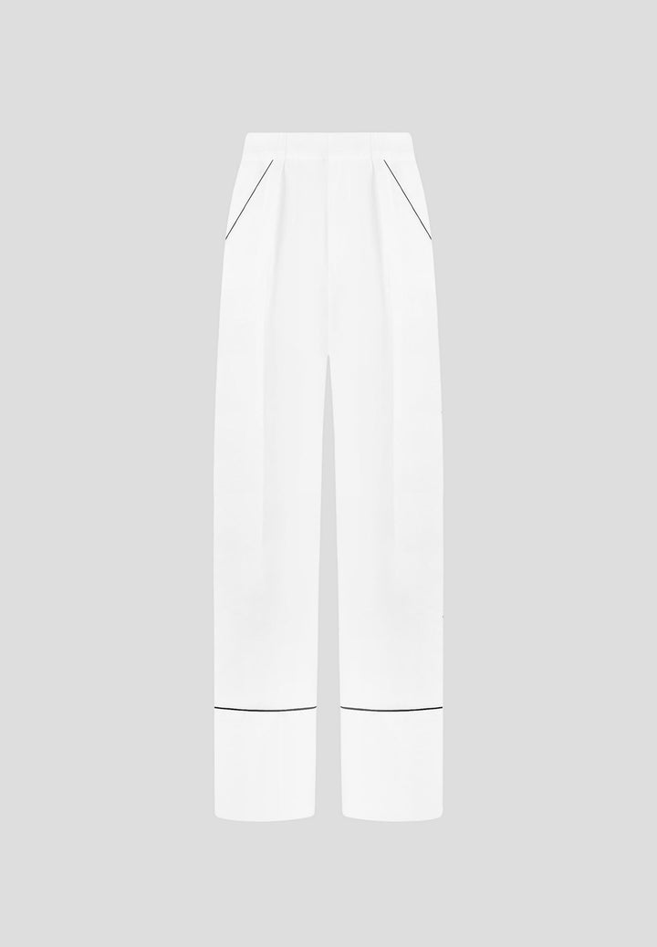 Mina - Contrast Piped Pleated Trousers - White/Black