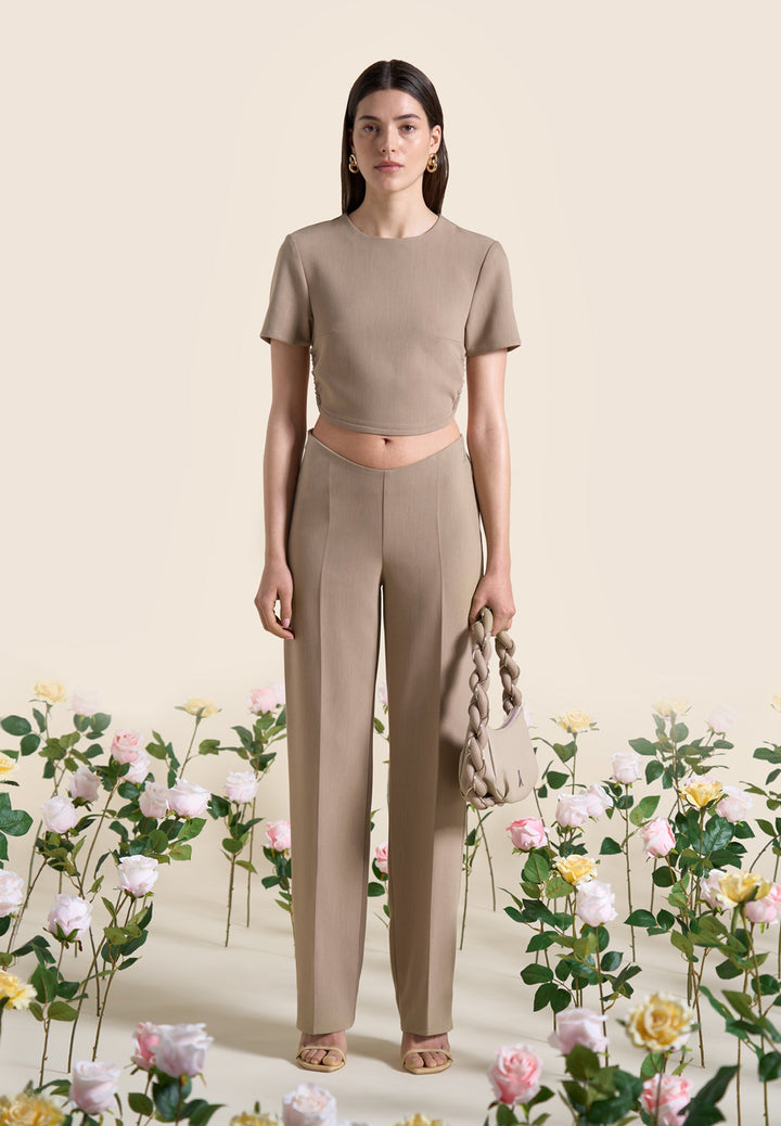 Curved Hem Backless Top with Tie - Dark Beige