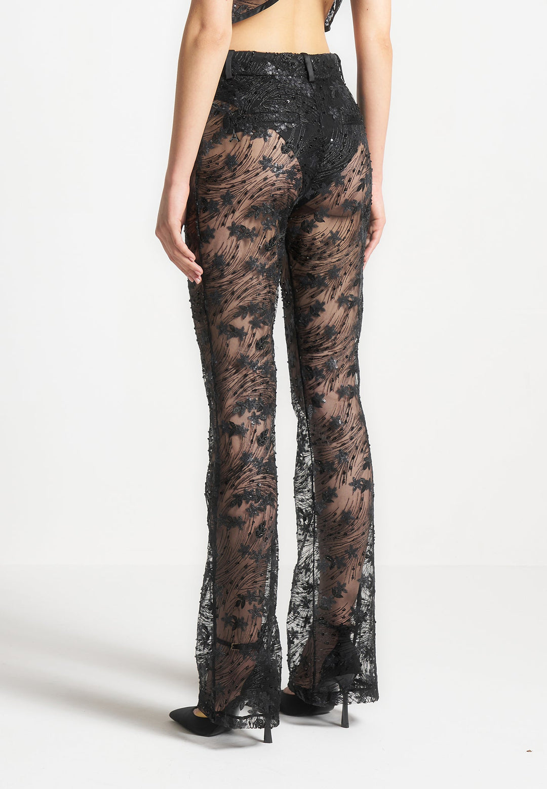Embellished Lace Fit and Flare Trousers - Black