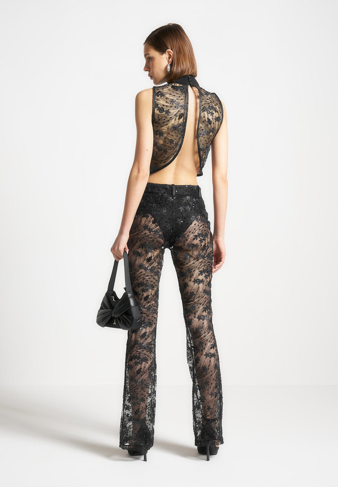 Embellished Lace Open Back Top - Black