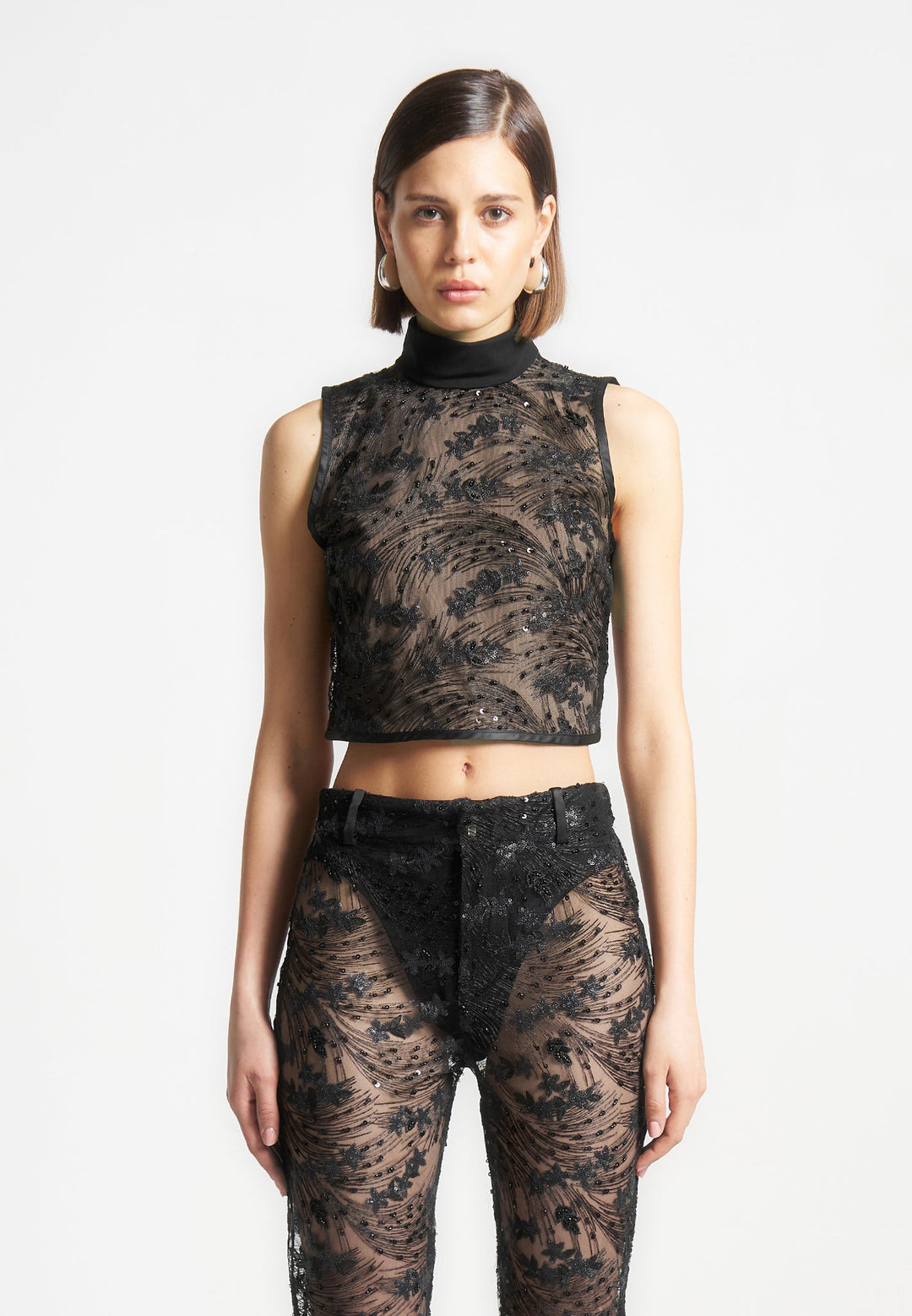 Embellished Lace Open Back Top - Black