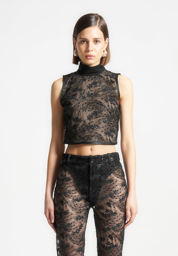 Embellished Lace Open Back Top - Black