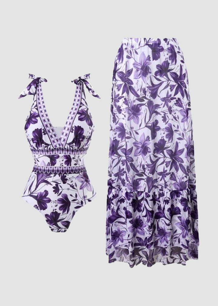 V Neck Lace Up Printed One Piece Swimsuit and Skirt