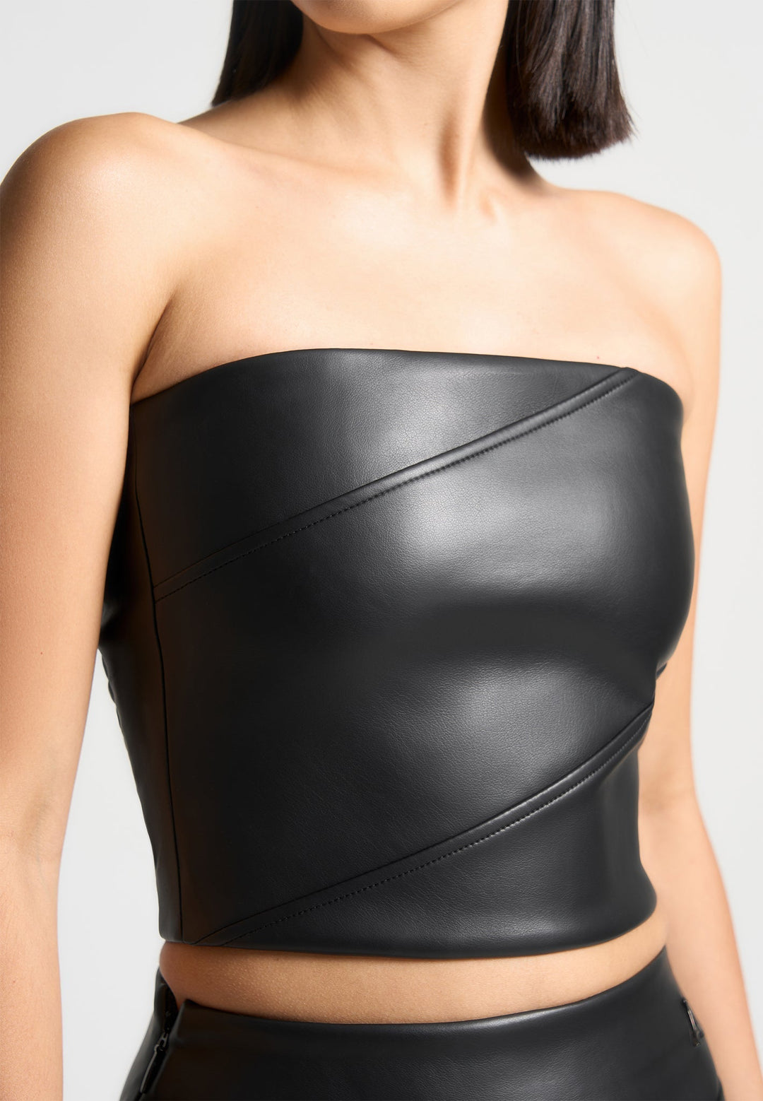 Bandeau Leather Corset Top - Black