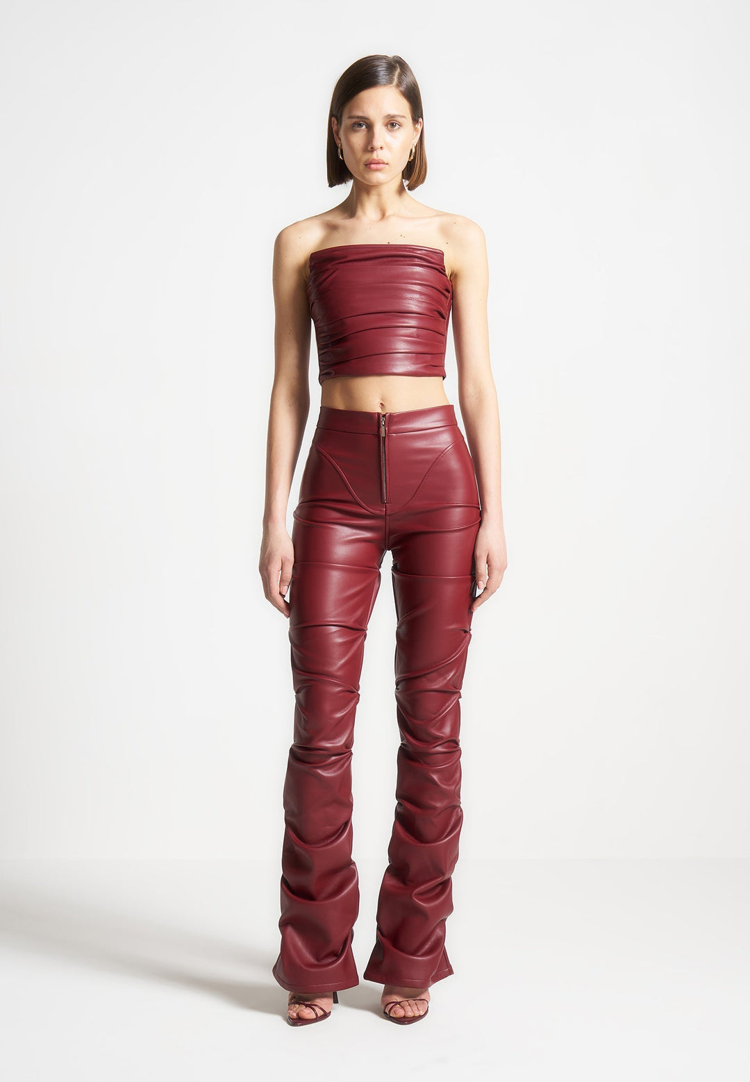 Pleated Bandeau Leather Corset Top - Wine Red