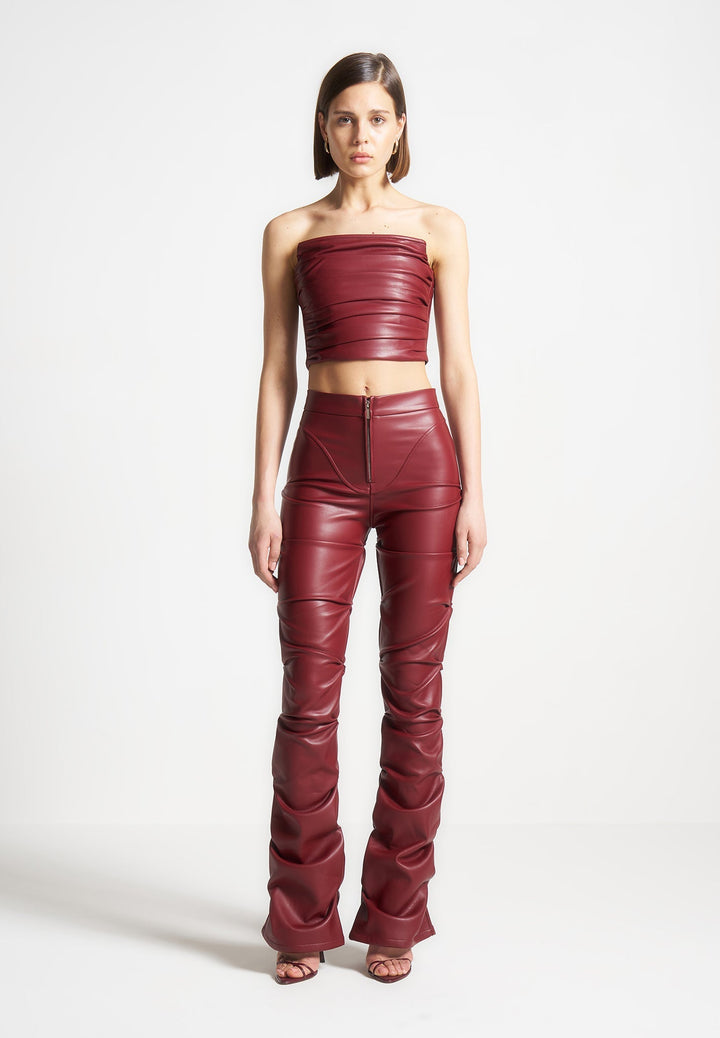 Pleated Bandeau Leather Corset Top - Wine Red