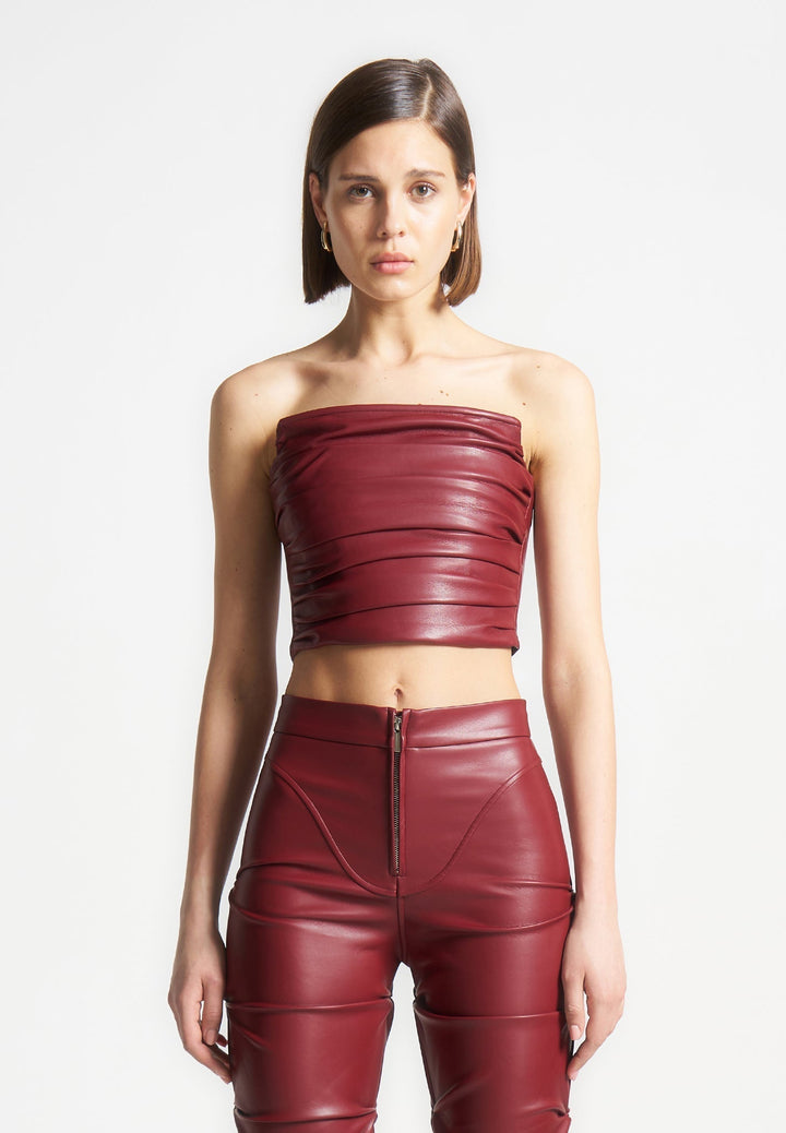 Pleated Bandeau Leather Corset Top - Wine Red